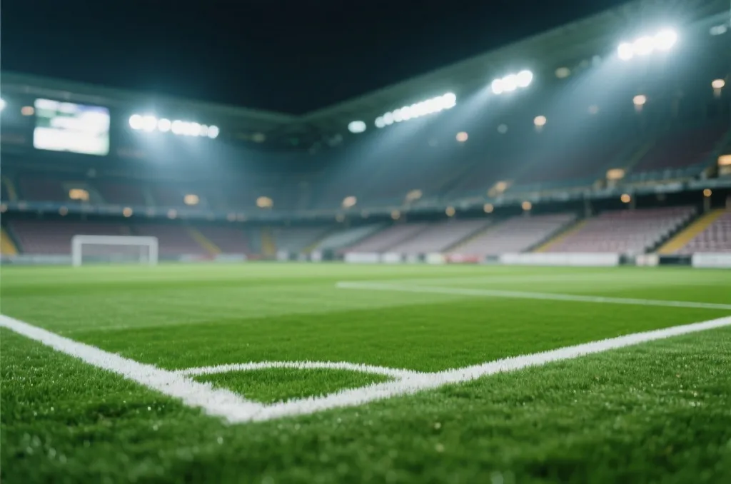 阳光照射下的无品牌标志绿色足球场草坪与现代化看台