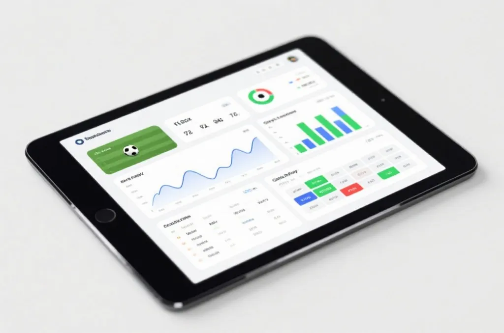 A digital sports analytics dashboard showing soccer match statistics, graphs, and group standings on a tablet screen, clean UI, no real brand logos
